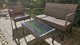 Rattan Balkon-/Gartenmöbel Set – 2-Sitzer, Sessel & Glastisc