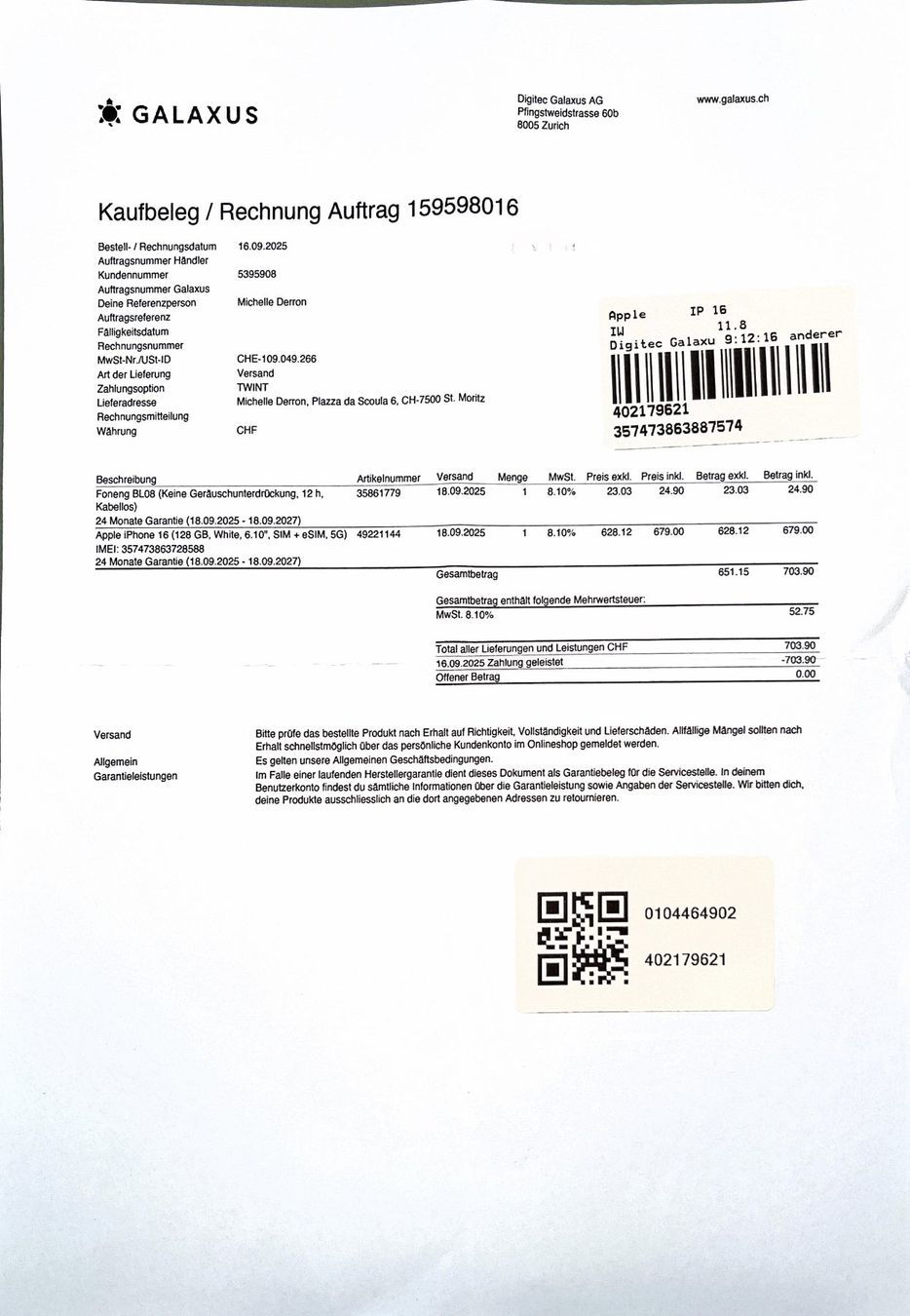 Apple Portables: iPhone 16, 128GB, weiss, defekt – D'occasion à Zürich par Mderron 7