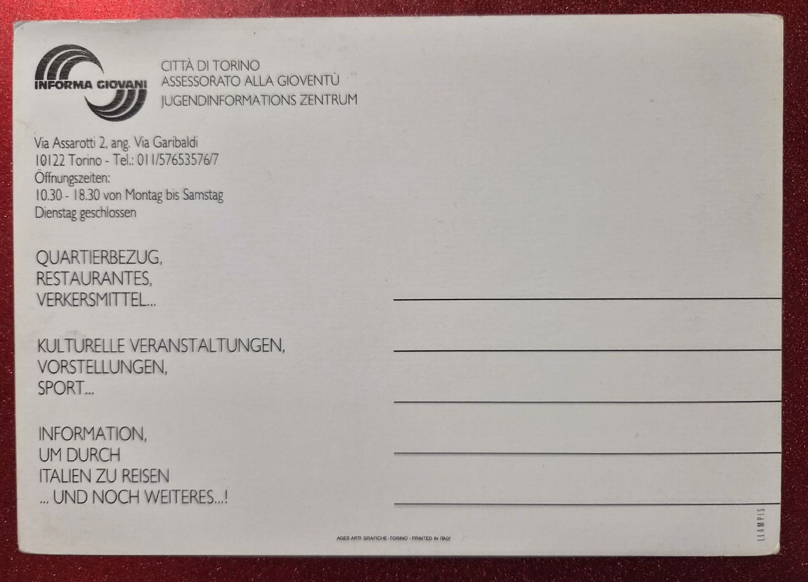 Cartoline postali: Jugendinformationszentrum Torino Italien – Nuovo (secondo la descrizione) da Melchnau venduto da Arthurius 1