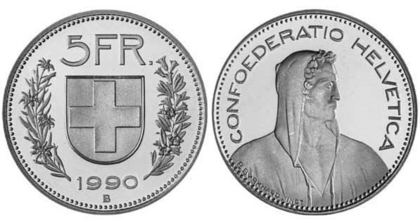 Tutti le monete: 5 Franken 1990 Originalrolle RAR! – Nuovo e nell'imballaggio originale da Heerbrugg venduto da Swissphila 1