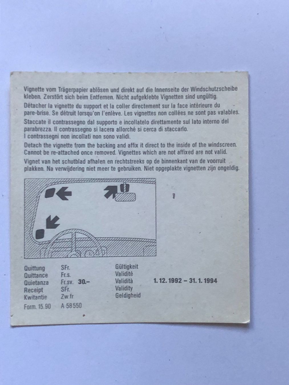 Vignette autostradali: Autobahnvignette 1993 – Usato da Ganterschwil venduto da ganterb 1