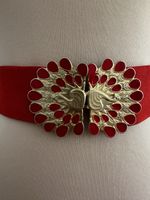 Ceinture rouge élastique avec fermoir décoratif motif paon 