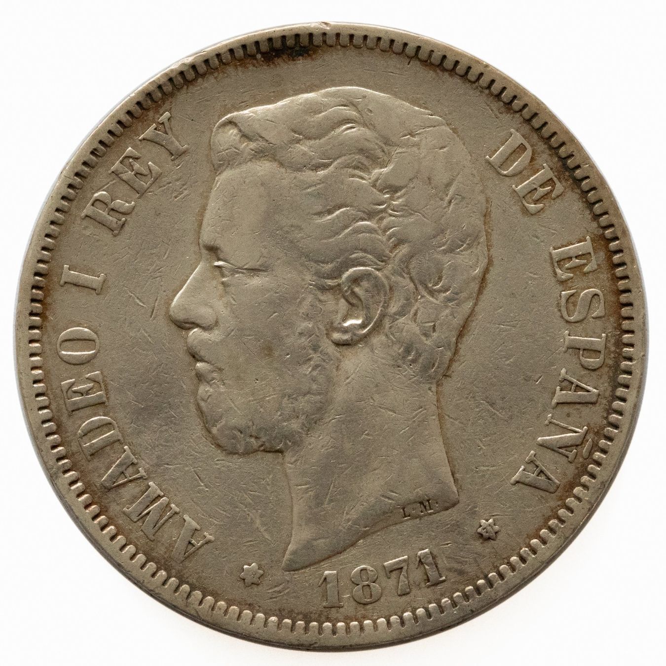 Tutti le monete: Spanien 5 Pesetas 1871 Amadeo I. Silber – Usato da Rotkreuz venduto da num_6343