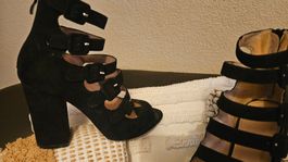 37,Schwarze Wildlederimitat Sandalen mit Blockabsatz, Gr. 38