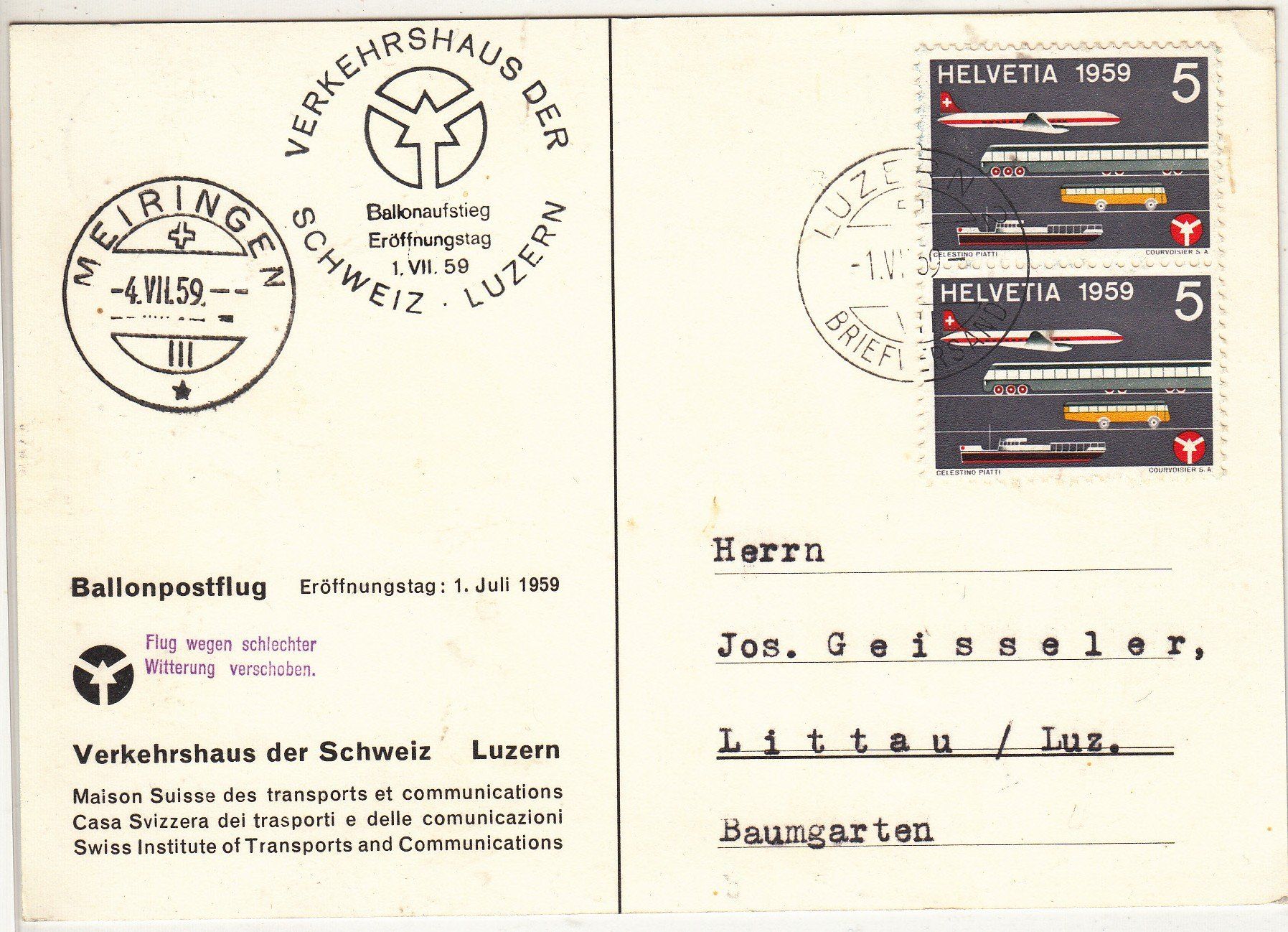 Tutti i francobolli: Brief Ballonpostflug  1959 – Usato da Herrliberg venduto da Lfrifda