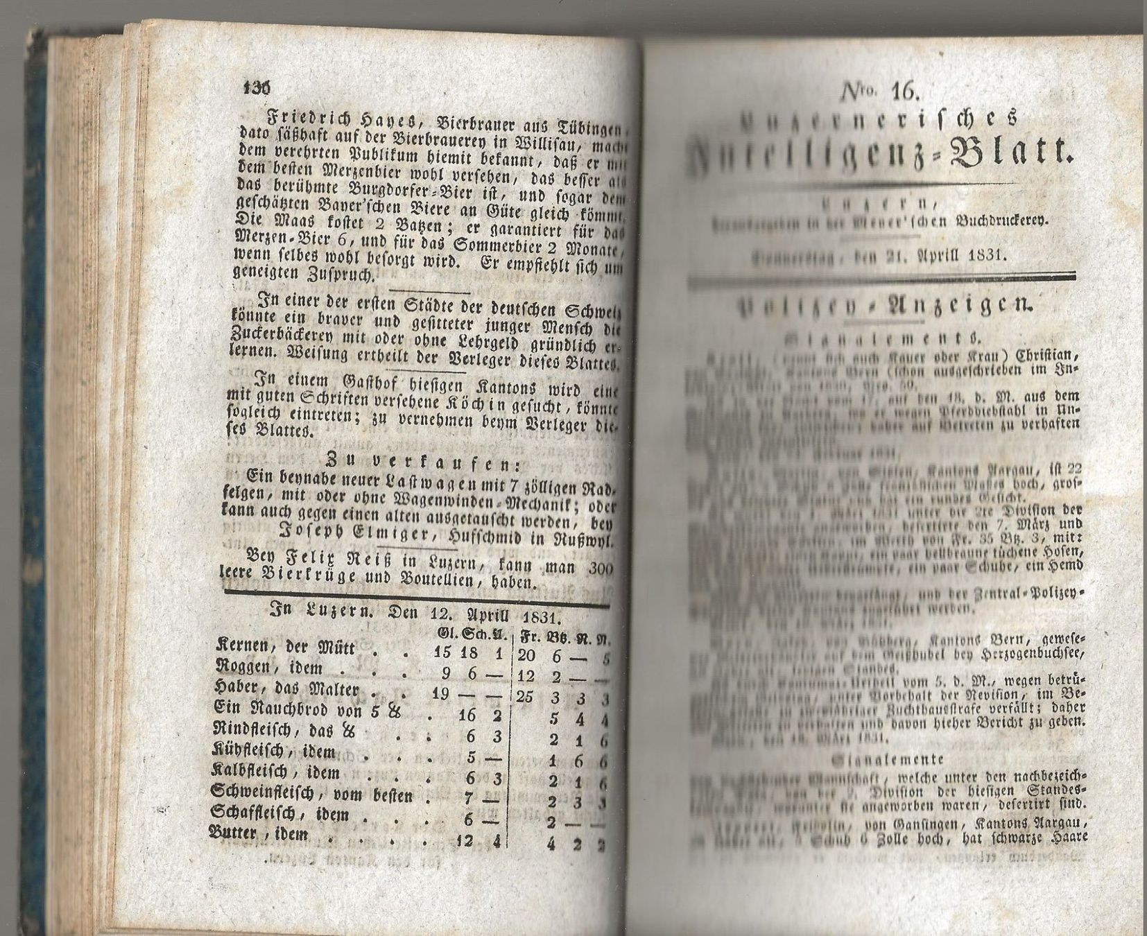 Libri: Luzernerisches Intelligenz-Blatt 1831 – Usato da Bern venduto da Grindelwaldaus 1