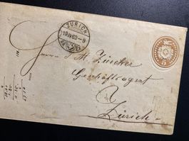 Tüblibrief 5 Rp. braun  Zürich BR+EX  1869  sauberer Stempel
