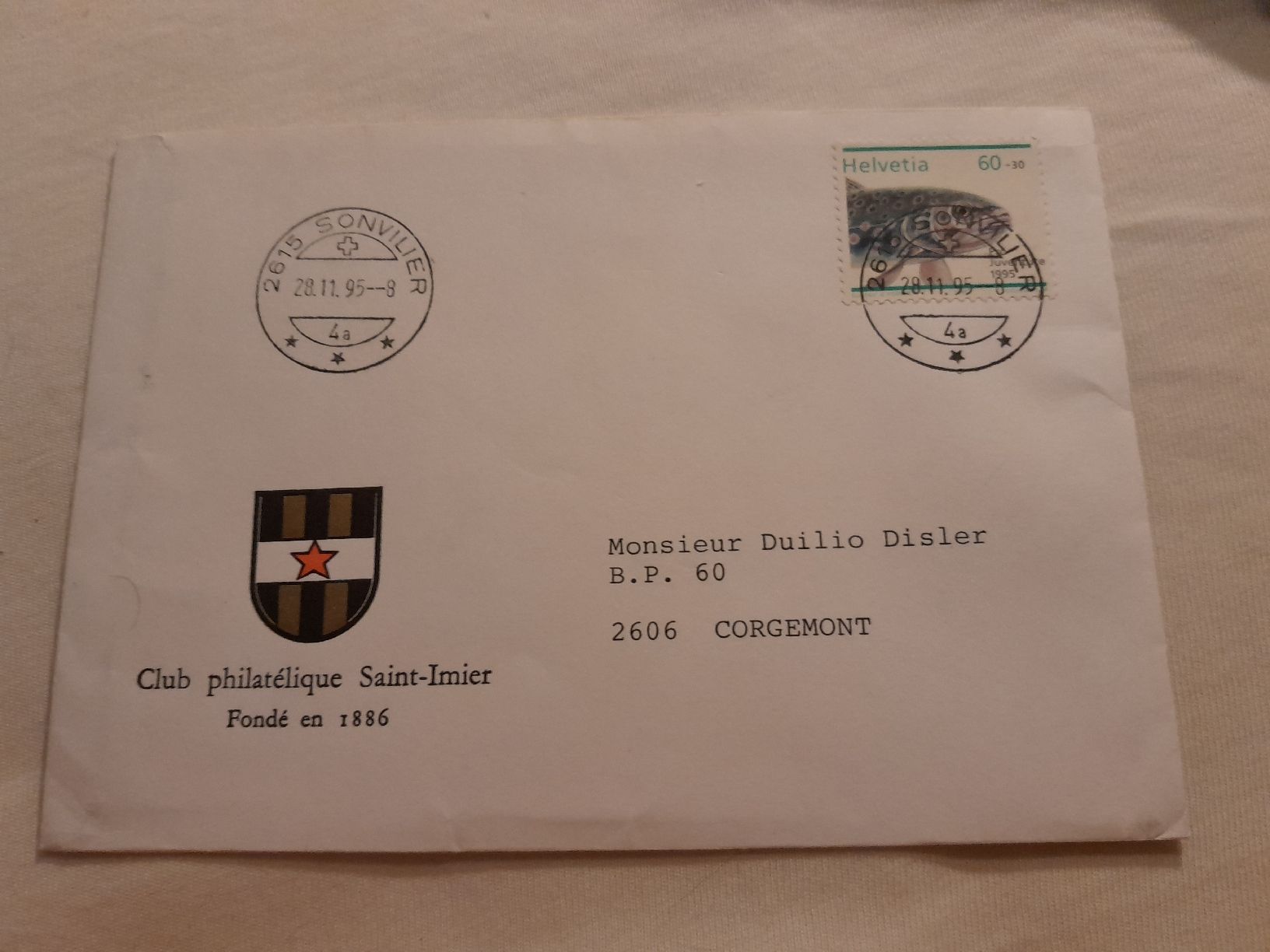 Alle Briefmarken: Enveloppe Suisse Sonvilier 28.11.1995 poisson – Gebraucht aus Marly von globetrotter1723
