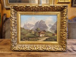 Antikes Ölbild um 1900 – Schweizer Alpen im Prunkrahmen