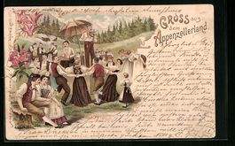 Litho Gruppe in Trachten, Alpstubete, Ap