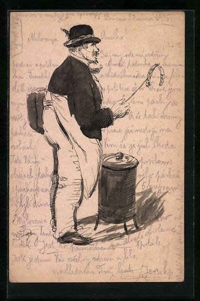 Cartoline postali: Handgemalt: Händler mit gekochten Würs – Usato da Berlin venduto da bartko-reher
