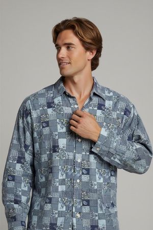 TAKE OFF Patchwork Button-Down Hemd - Blau & Grau Blumenmust