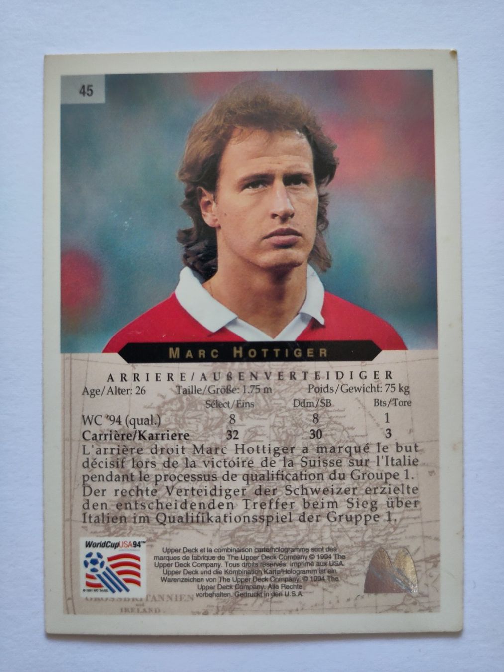 Sammelbilder & Trading cards: Marc Hottiger - Suisse - Carte Upper Deck - World cup 1994 – Gebraucht aus Lausanne von the_p2w5 1