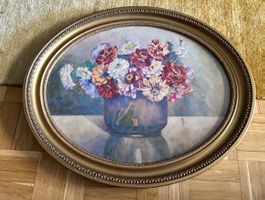 Aquarelle florale  encadrée ovale- Art déco- signée