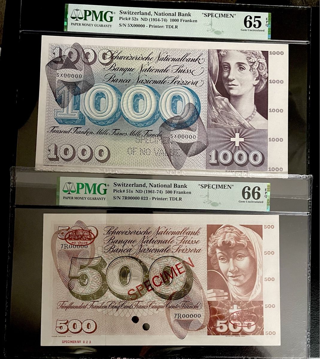 Banknoten: 500 und 1000 Franken. Specimen. UNZ – Neu (gemäss Beschreibung) aus Kaltbrunn von Banknotes