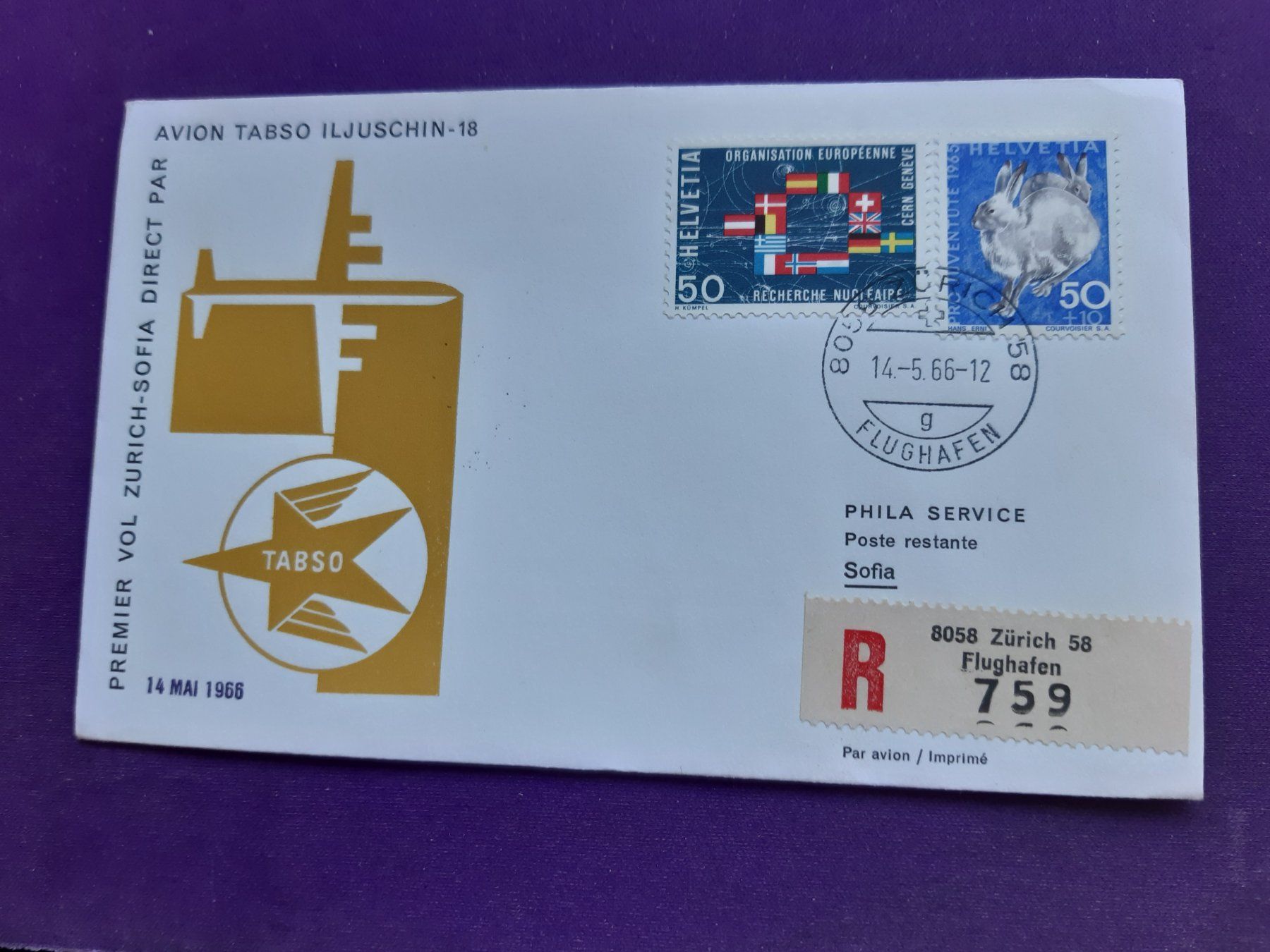 Tutti i francobolli: Erstflugbrief, eingeschrieben Zürich-SOFIA 14.5.66 – Usato da Wangs venduto da weisstannen01