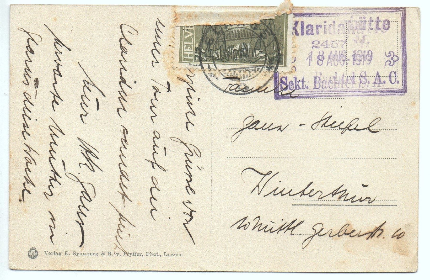 Cartoline postali: CLARIDEN 3 Bergsteiger mit Eispickel - Stempel Hütte S.A.C. – Usato da Jona venduto da philajona 1