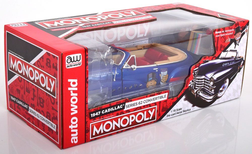 Auto World 1/18 – Cadillac Convertible 1947 – Mr. Monopoly AWSS136 (neuve)