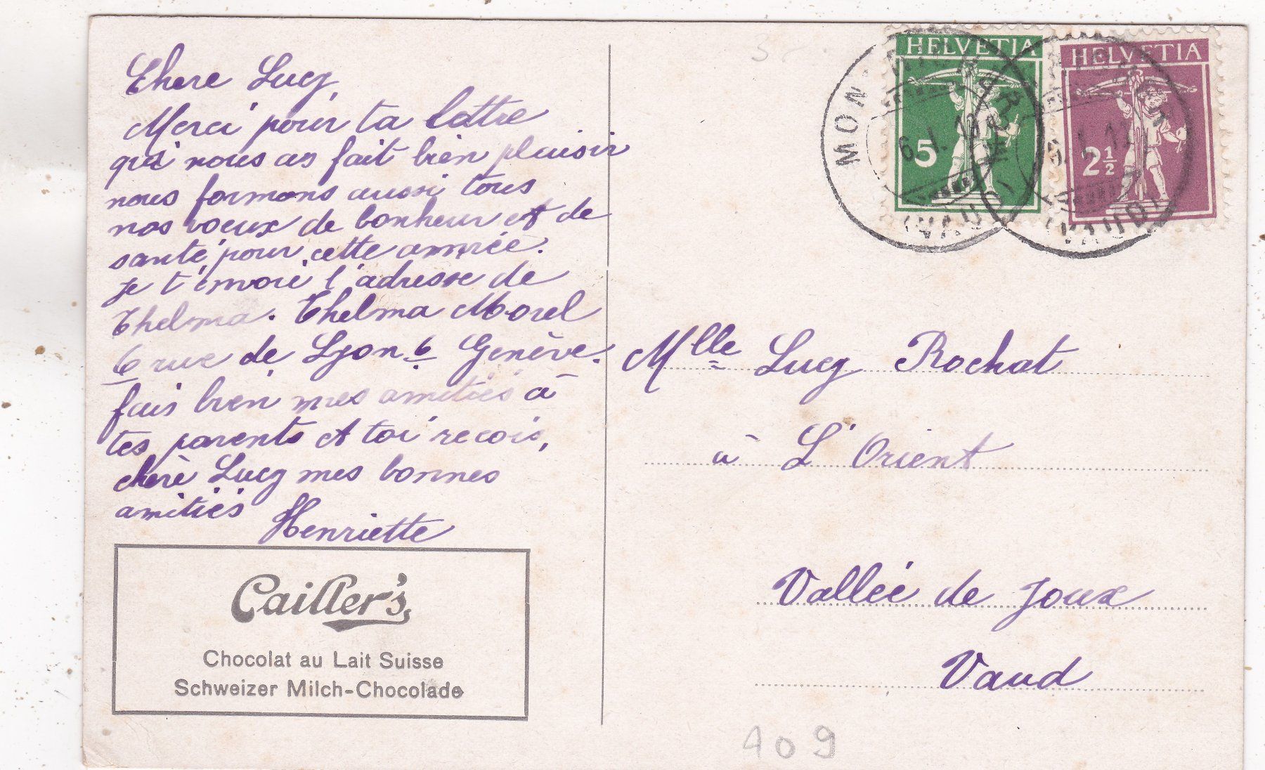 Cartoline postali: Kitsch Landschaft Werbekarte Chocolat Cailler – Usato da Herisau venduto da Lisegrat2008 1