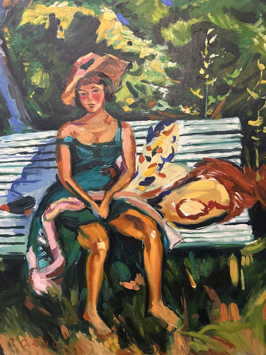 Gemälde: Gemälde: "Dame im Garten", signiert, Pierre Cornu – Gebraucht aus Glarus von KunstWerkEr-LS87
