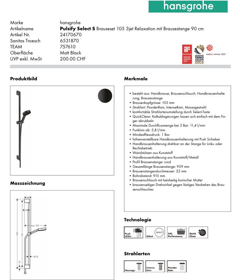 Hansgrohe Soffioni doccia: 546 Hansgrohe Pulsify Select S Brauseset 105 3jet – Nuovo e nell'imballaggio originale da Derendingen venduto da Meisterstuecke 1