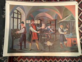 schulwandbild, guttenberg und der buchdruck