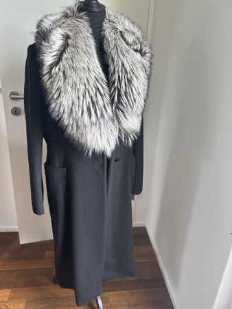 Valentino Roma Black Cashmere Coat, Silver Fox Fur Collar,