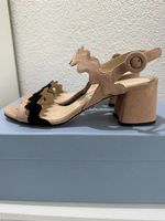 Prada Block Heels Sandalen Velours Beige Schwarz Gr 36,5 OVP