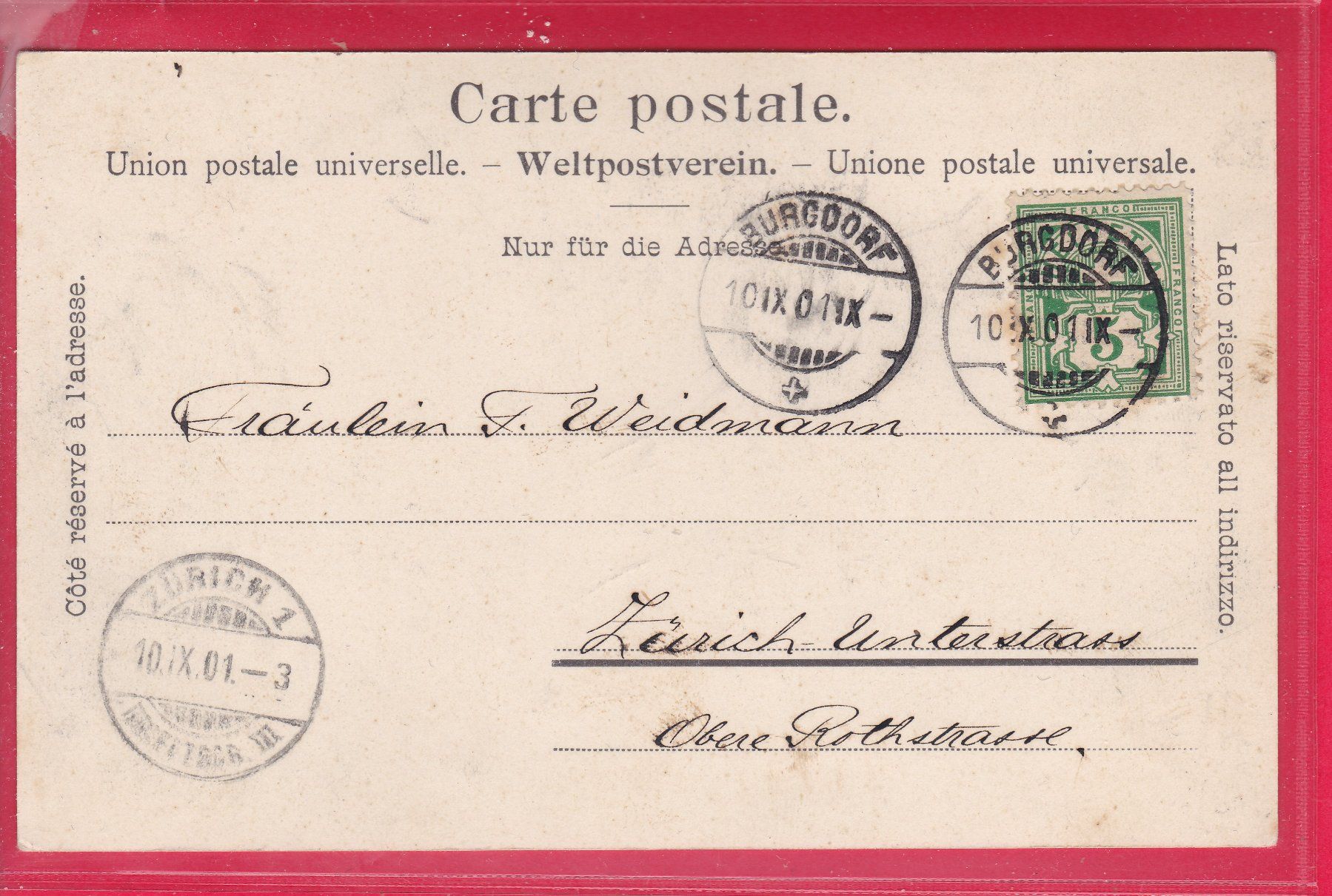 Cartoline postali: BURGDORF, 10.9.1901 – Usato da Oberrieden venduto da Gebirgsstelze 1