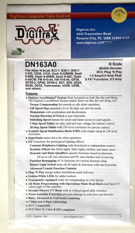 DIGITRAX Mobile Decoder DN163A0 1.5 Amp Decoder Spur N (Neu (gemäss ...