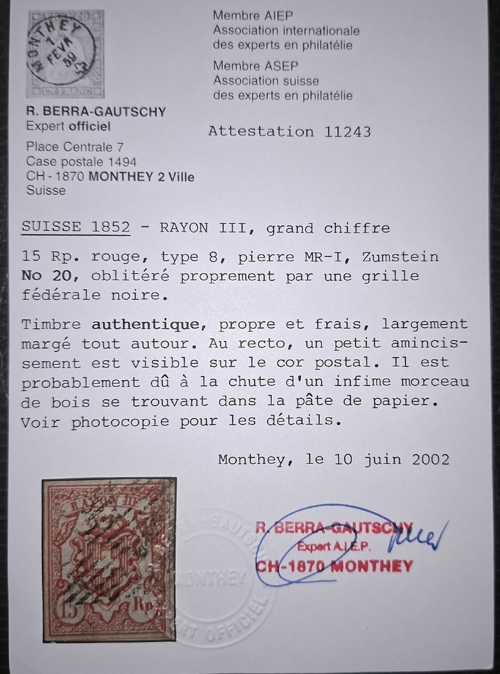 Tutti i francobolli: Rayon Nr. 20 Typ 8 MR - I mit Attest kat. 200.- – Usato da Balgach venduto da SIMEON27 2
