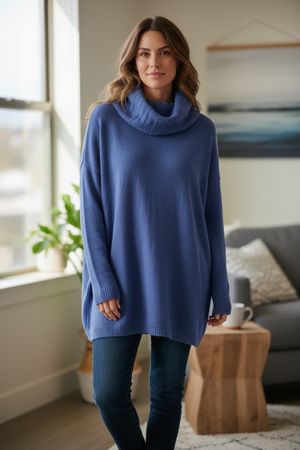 Damen mittel lang Strick Rollkragen Pullover blau m l xl