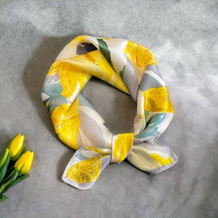 New 53cm Silk Scarf, Yellow Floral Scarf 100% Silk