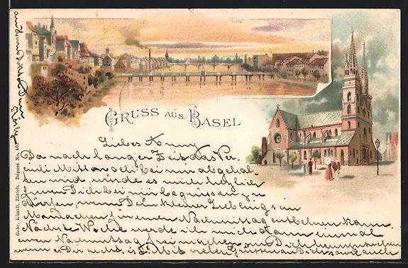 Cartes postales: Litho Basel, Kirche, Stadtansicht mit Br – D'occasion à Berlin par bartko-reher