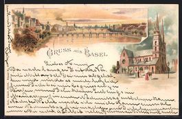 Litho Basel, Kirche, Stadtansicht mit Br