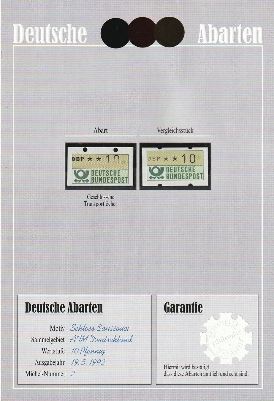 Tous les timbres: ATM Abart, Transportlöcher, 1993 – Neuf (Voir description) à Aarburg par Aare10 1