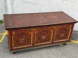 Antike Truhe, bemalt, Jahrgang 1847, Original Schloss