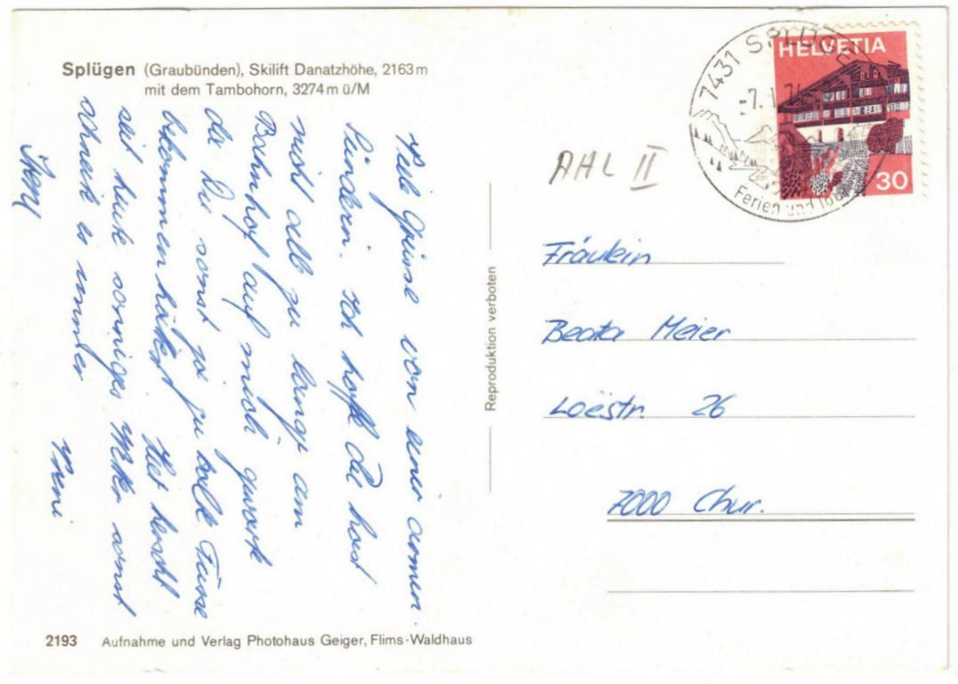 Cartoline postali: Splügen - Skilift Danatzhöhe – Usato da Binningen venduto da Mountainrider 1