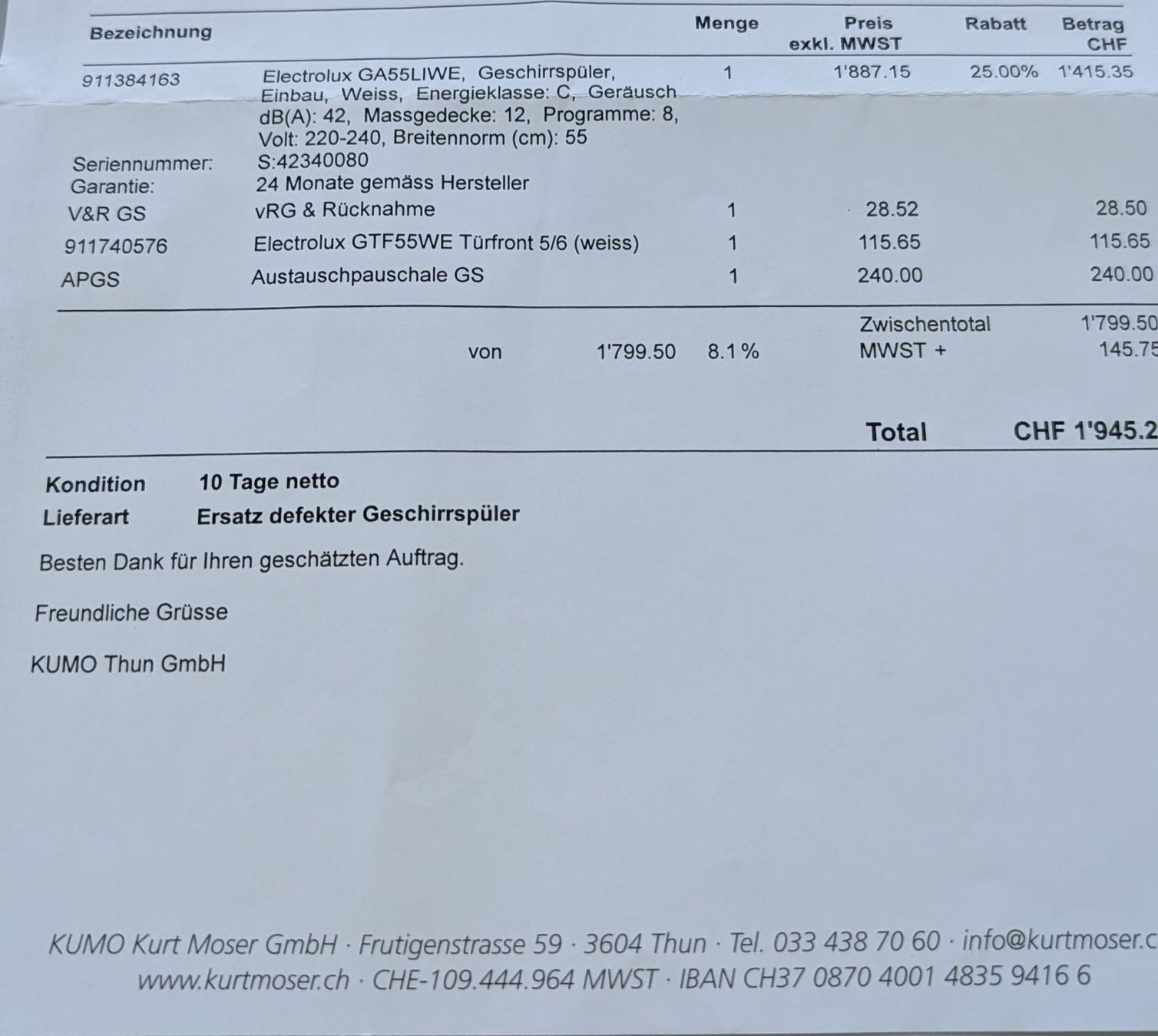 Electrolux Lavastoviglie: Geschirrspüler Electrolux GA55LIWE – Usato da Thun venduto da blaukanal 2