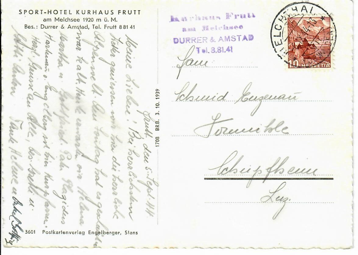 Cartoline postali: Sporthotel Kurhaus Frutt 1944 – Usato da Hochdorf venduto da Ziegel-16 1