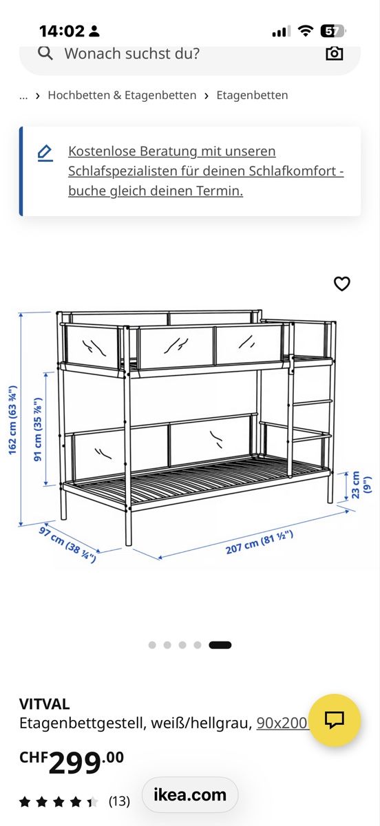 Betten: VITVAL Etagenbett Gestell weiss/hellgrau 90x200cm – Gebraucht aus Winkel von Olirickli05