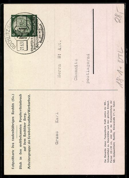 Cancelleria postale: Rochlitz /Sa., 1000 Jahre Rochlitz 1936, – Usato da Berlin venduto da bartko-reher 1