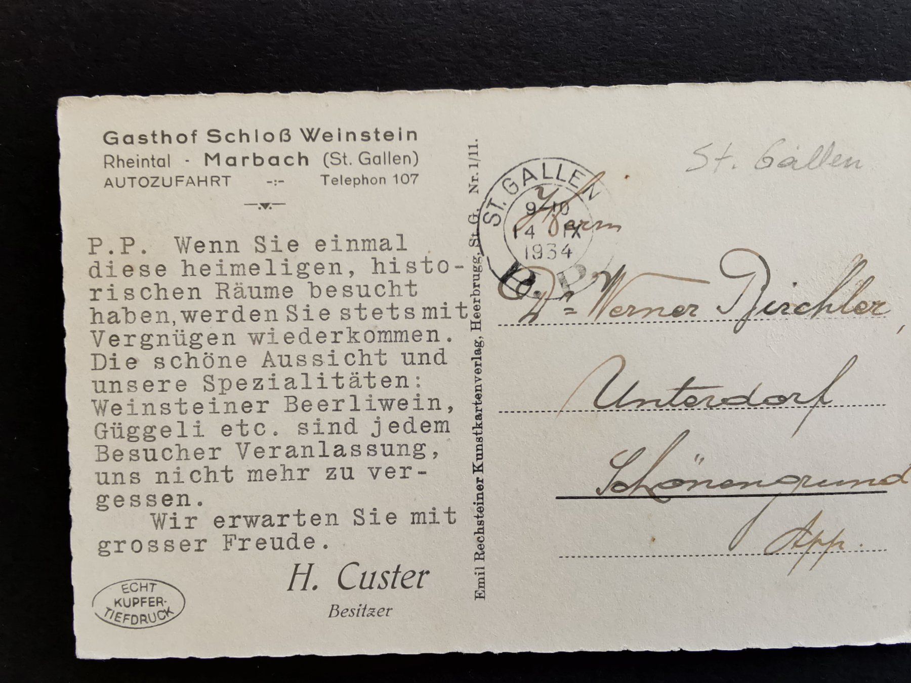 Cartoline postali: Marbach   Rheintal   Ansichtskarte   1934   Werbekarte – Usato da Rheineck venduto da kat_7gld 1