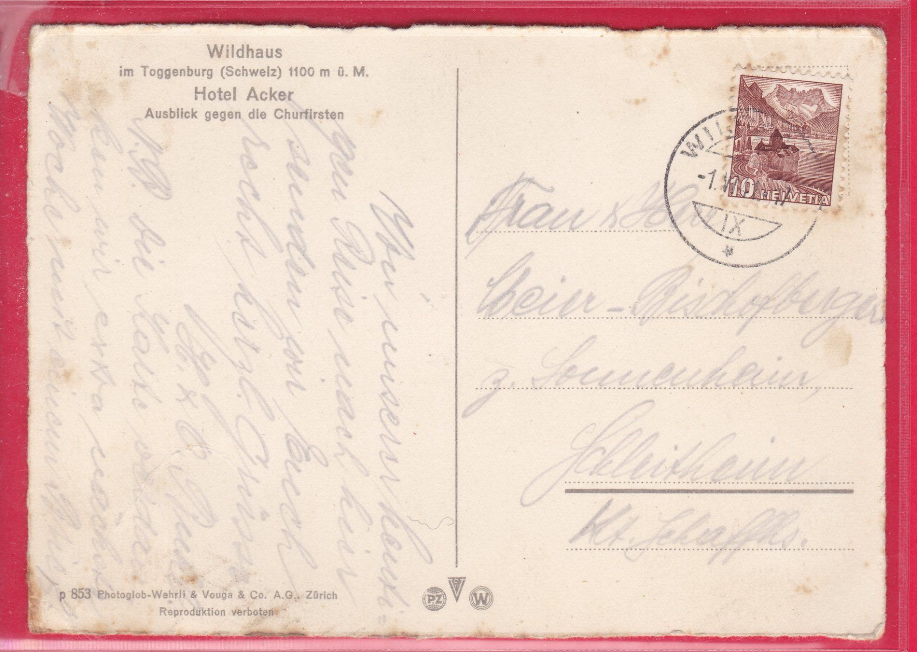 Cartoline postali: WILDHAUS, HOTEL ACKER, AUSBLICK AUF CHURFIRSTEN, 1.6.1941 – Usato da Oberrieden venduto da Gebirgsstelze 1