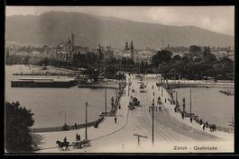 AK Zürich, Blick zur Quaibrücke, Straßenbahn