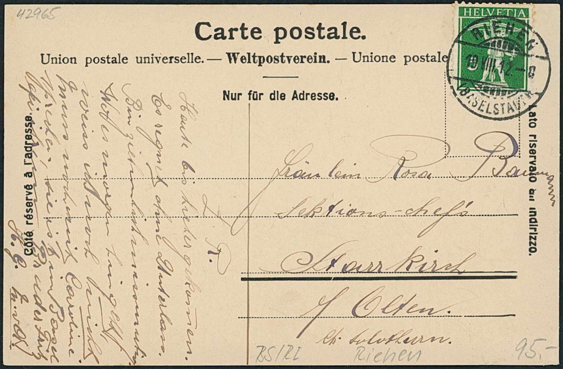 Cartoline postali: BS Riehen – Usato da Schindellegi venduto da dolpitz 1