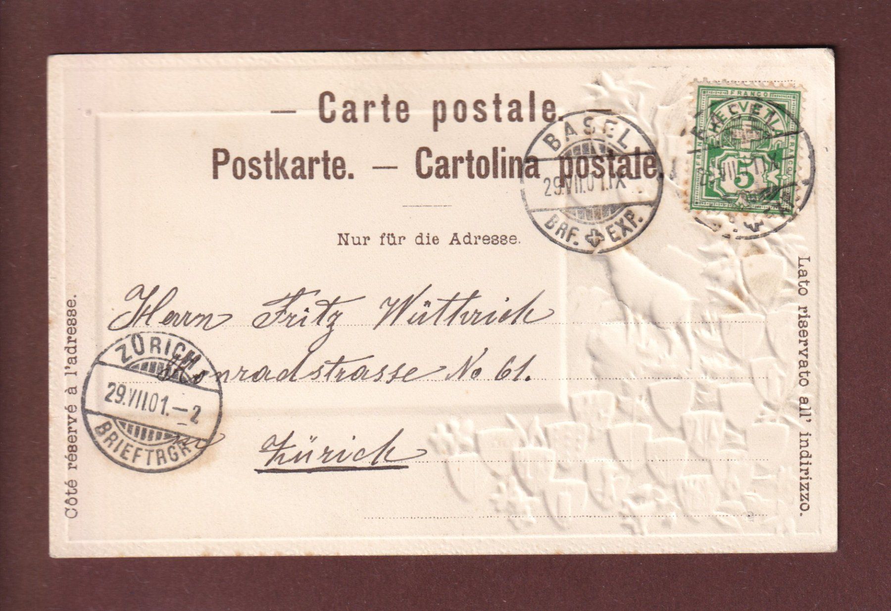 Cartoline postali: BASEL - Bibliothek - 1901 Präge – Usato da Pully venduto da nicecards 1