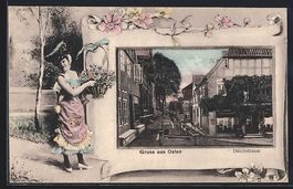 Grusskarten-AK Osten, Frau mit Blumenkor