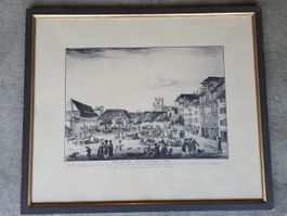Lithographie Bâle Barfüsserplatz  64 x 53 cm