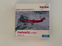 Herpa Modellflugzeug Fokker 100 Helvetic 1/500 neuwertig